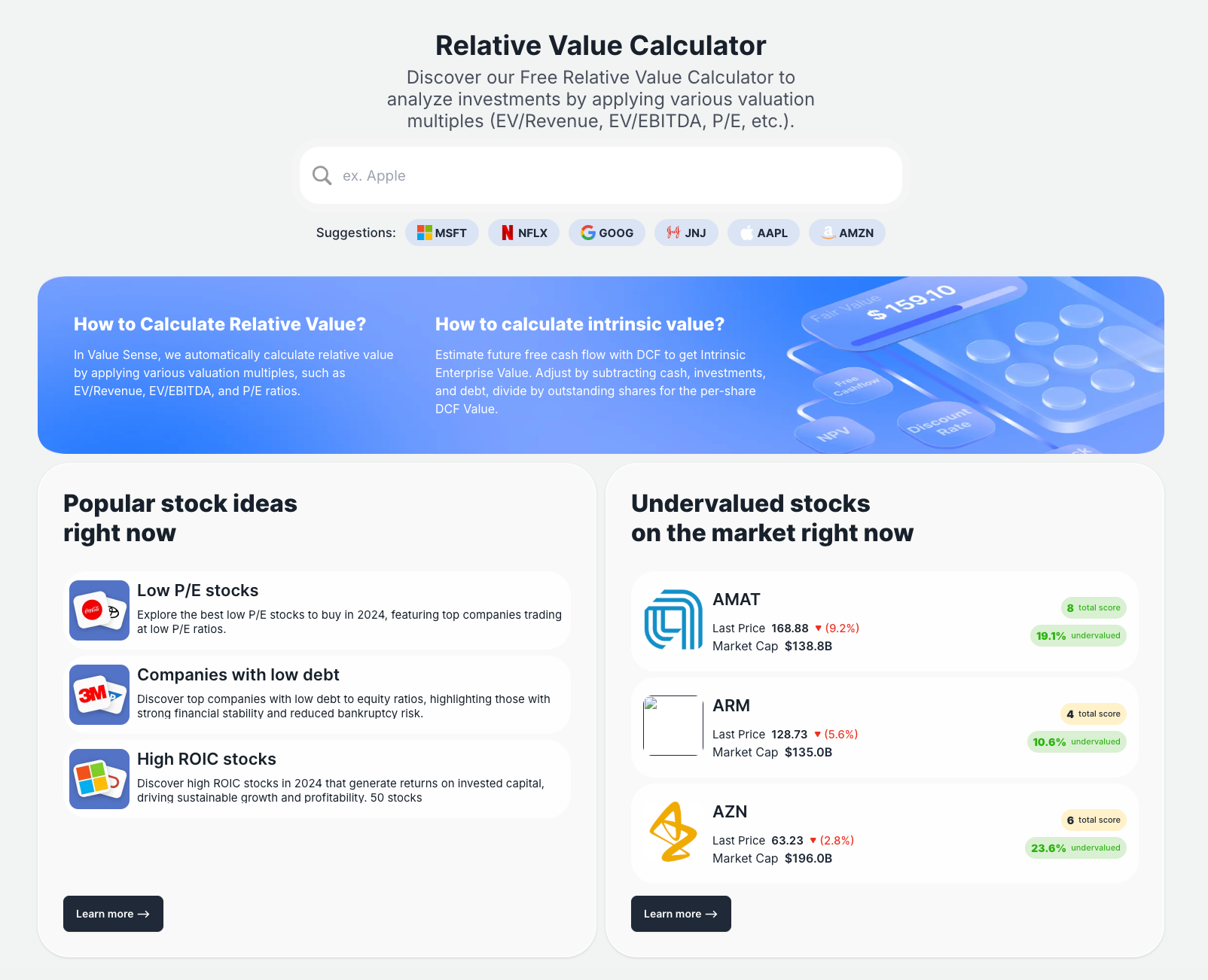 Value Sense, Relative Value calculator